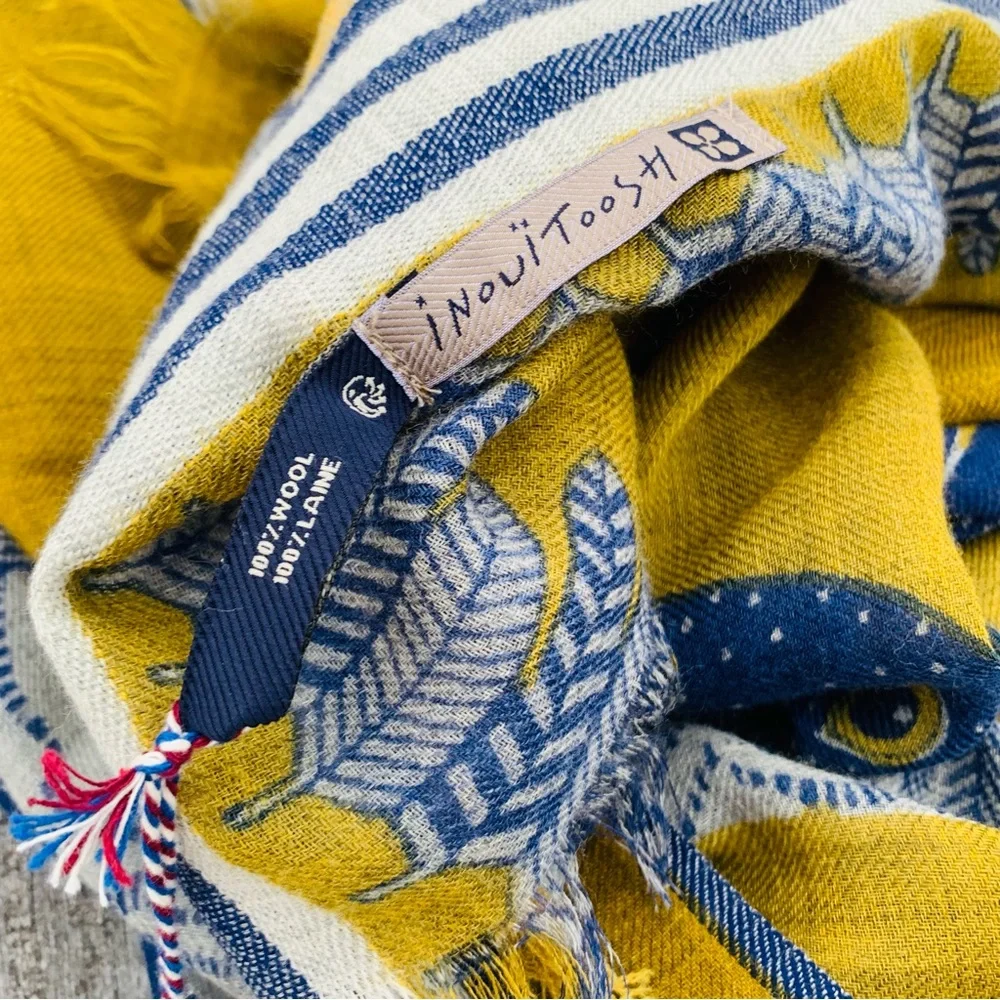Inouïtoosh Wool Mustard Owl Cat Fringed Blanket Scarf